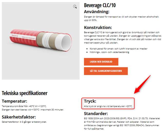 Skärmdump av Alfotech produktsida, Beverage CLC/10