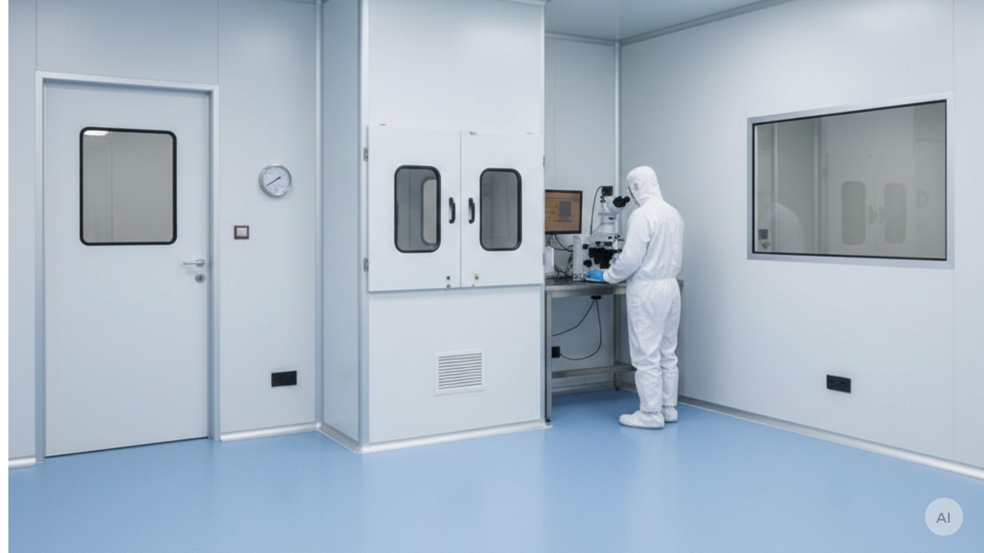 Farmaceutisk medarbetare står i ett ISO-7-renrum