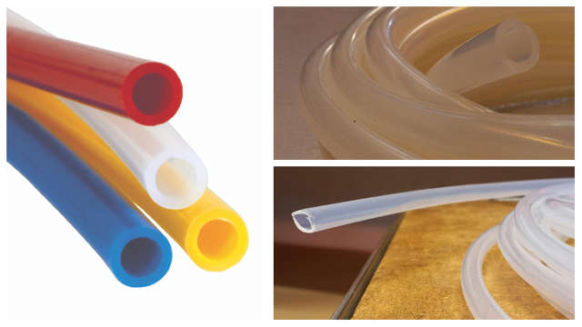 Collage av FEP-, PTFE- och silikonslangar