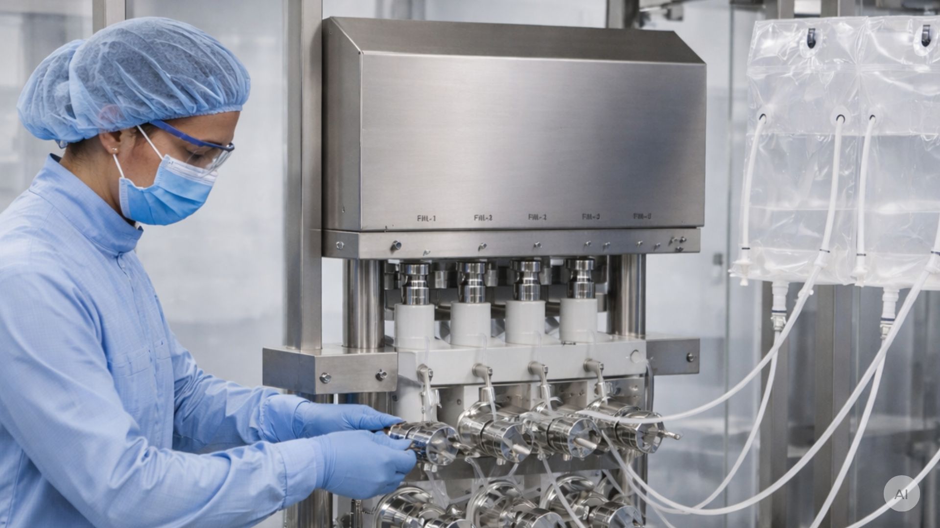 En farmaceutisk medarbetare arbetar med single-use-manfolds