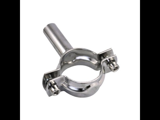 Hygienisk DS/SMS rörklammer med 90 mm skaft i rostfritt stål. Lämplig för livsmedelsgodkända rörsystem. Beställ här!