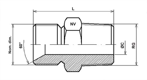 Sexkantnippel, 60 gr. i en ände, BSPT
