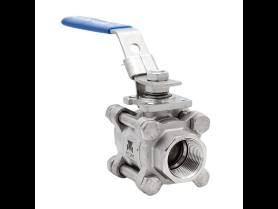 3-delad kulventil i AISI 316 med ISO-topp har en slät yta, säkerhetslås, RG-muffar och fullt genomflöde. Används för avstängning av vätskor.