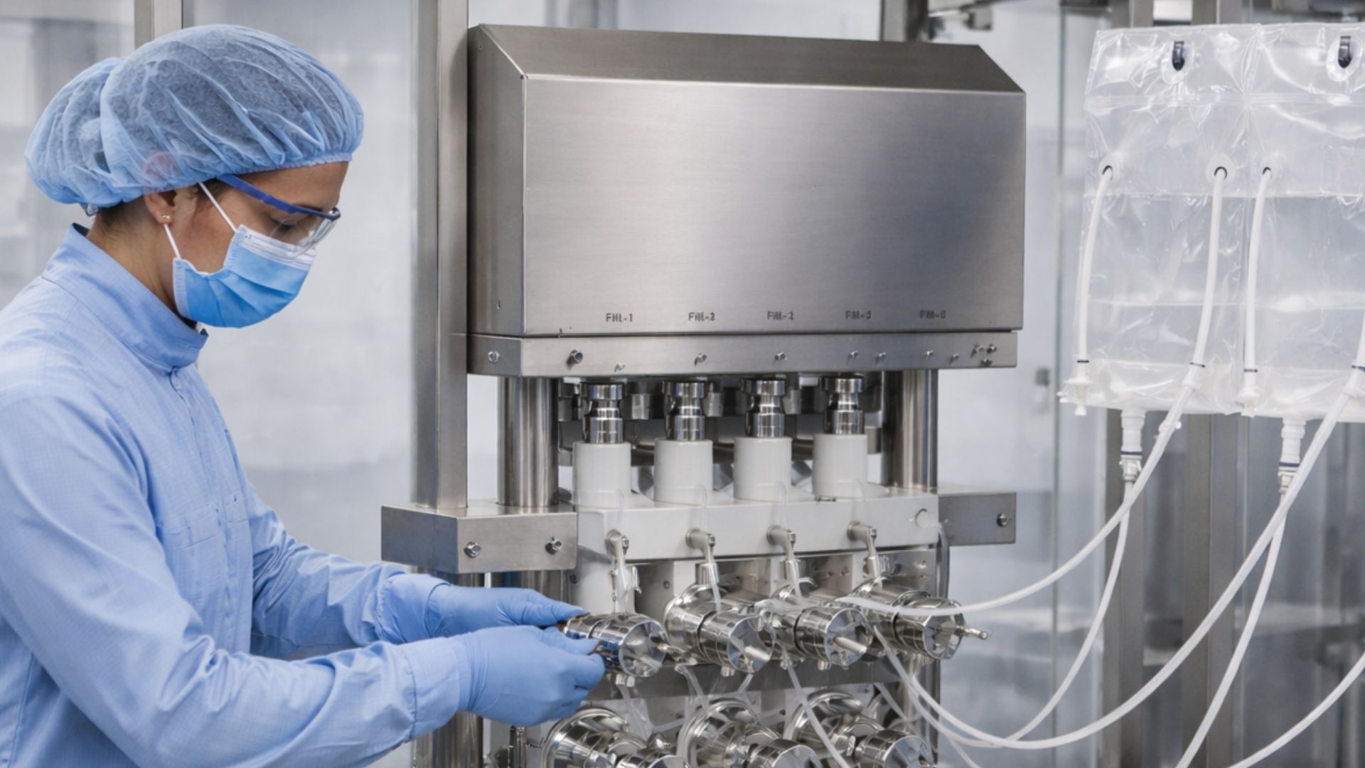 Pharma employee working with single-use manifolds