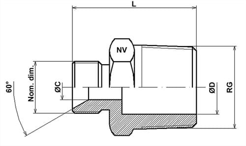 Reduktionssexkantnippel, 60 gr. i en ände, BSPT